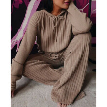( Coffee Long Sleeve, L = UK 12) 2PCS Womens Tracksuits Set Ladies Hooded Loose Loungewear Knitwear Tops + Pants