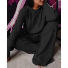 ( Black Comfortable, L = UK 12) 2PCS Womens Tracksuits Set Ladies Hooded Loose Loungewear Knitwear Tops + Pants