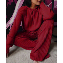 ( Burgundy Loose, XL = UK 14) 2PCS Womens Tracksuits Set Ladies Hooded Loose Loungewear Knitwear Tops + Pants