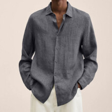 (Dark Gray, XL) Mens Long Sleeve Lapel Dress Shirt Solid Baggy Button-down Tops Blouse T Shirt