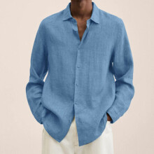 (Light Blue, 4XL) Mens Long Sleeve Lapel Dress Shirt Solid Baggy Button-down Tops Blouse T Shirt