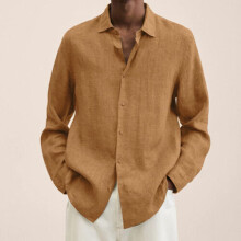 (Khaki, L) Mens Long Sleeve Lapel Dress Shirt Solid Baggy Button-down Tops Blouse T Shirt