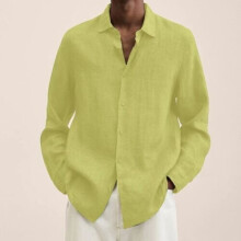 (Yellow, 5XL) Mens Long Sleeve Lapel Dress Shirt Solid Baggy Button-down Tops Blouse T Shirt