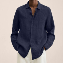 (Navy Blue, XL) Mens Long Sleeve Lapel Dress Shirt Solid Baggy Button-down Tops Blouse T Shirt