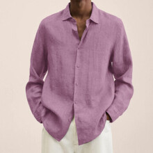 (Pink, 5XL) Mens Long Sleeve Lapel Dress Shirt Solid Baggy Button-down Tops Blouse T Shirt