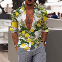 (Lemon, 2XL) Mens Hawaiian Long Sleeve Floral Print Cotton Button Down Summer Casual Shirts