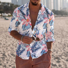 (Flower, 2XL) Mens Hawaiian Long Sleeve Floral Print Cotton Button Down Summer Casual Shirts