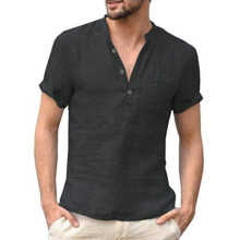 (Black, S) Mens Summer Casual Short Sleeve Tops Boys Cotton Linen Buttons V Neck T Shirt