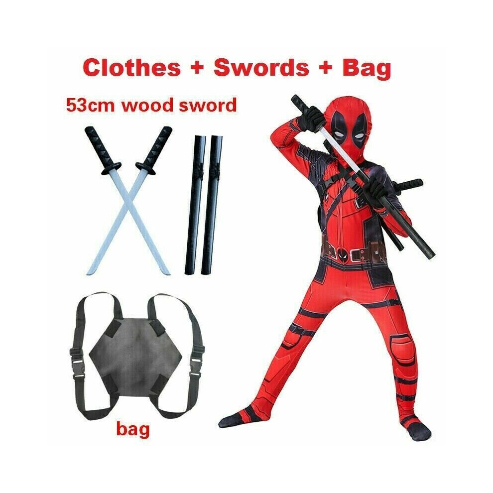 (Clothes + Swords + Bag ,   11-12 years (150cm?) Kids Deadpool Costume Mask Bodysuit Boys Superhero Cosplay Party Fancy Dress