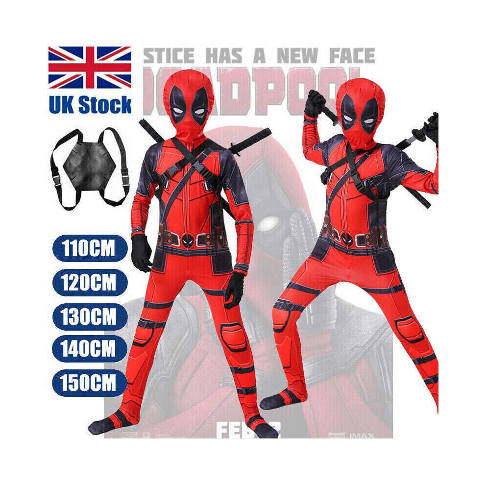 (Only Clothes,   7-8 years (130cm?) Kids Deadpool Costume Mask Bodysuit Boys Superhero Cosplay Party Fancy Dress