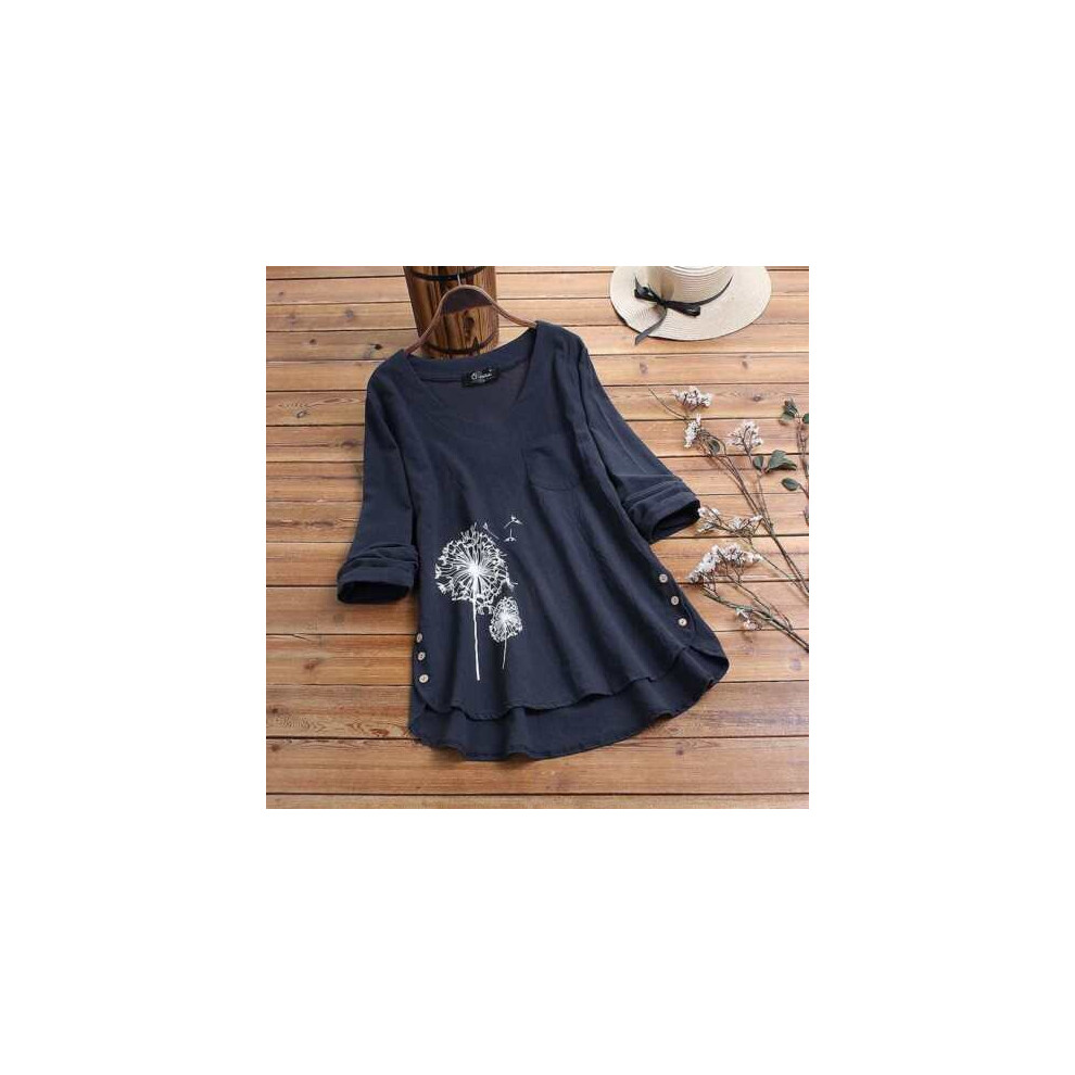 (Blue, XXL =UK 14) Womens Baggy Cotton Linen T-shirt Ladies Casual Loose Tunic Blouse Plus Size Top