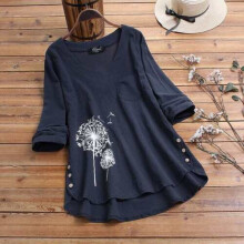 (Blue, 3XL=UK 16-18) Womens Baggy Cotton Linen T-shirt Ladies Casual Loose Tunic Blouse Plus Size Top