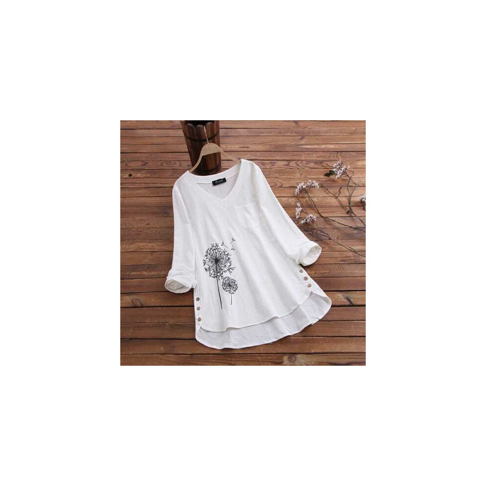 (White, L=UK 8-10) Womens Baggy Cotton Linen T-shirt Ladies Casual Loose Tunic Blouse Plus Size Top