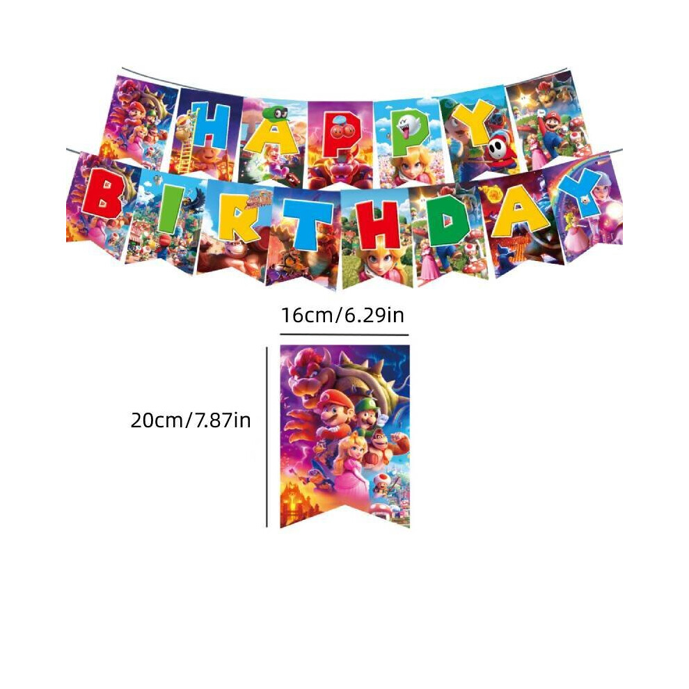 (Banner) Mario Party Super Happy Birthday Banner Bunting Balloons Cake Topper Decor Party