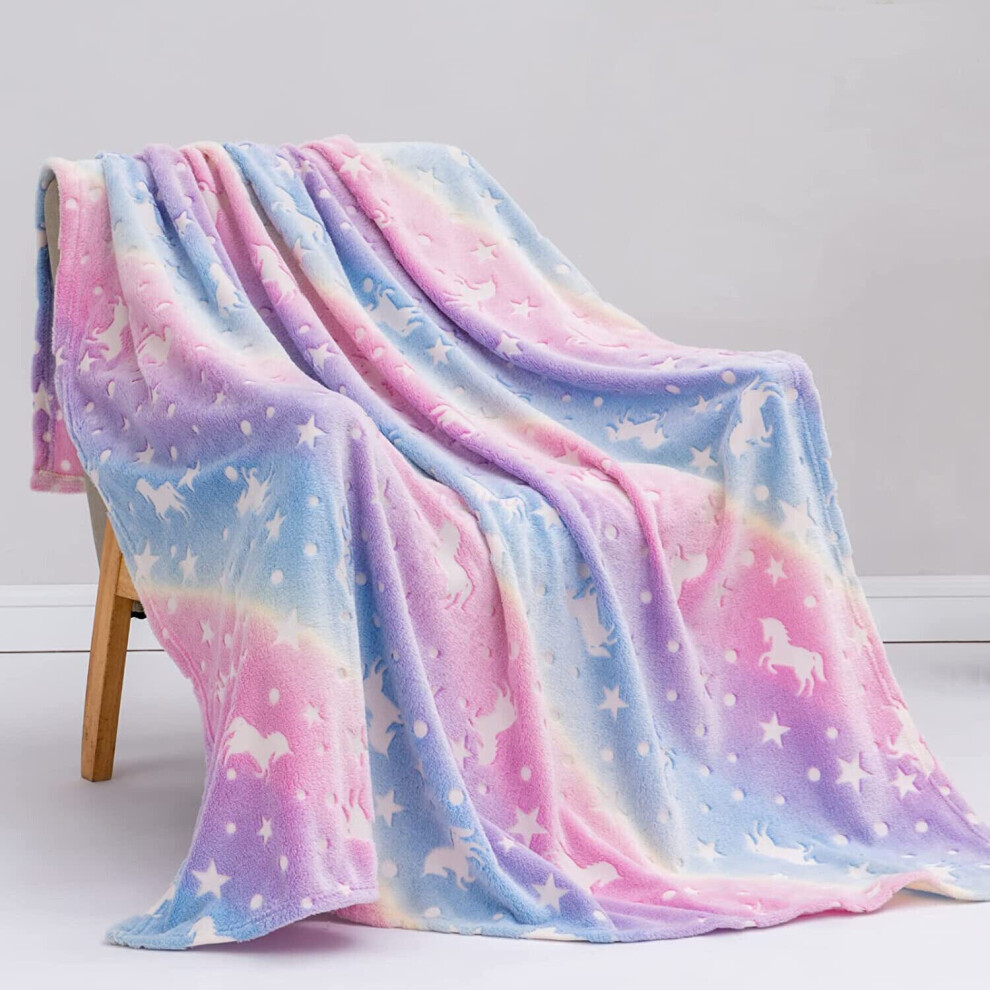 (  75 x 100 cm) Unicorn Fleece Blanket Glow in the Dark Large Sofa Throw Soft Warm Gradient