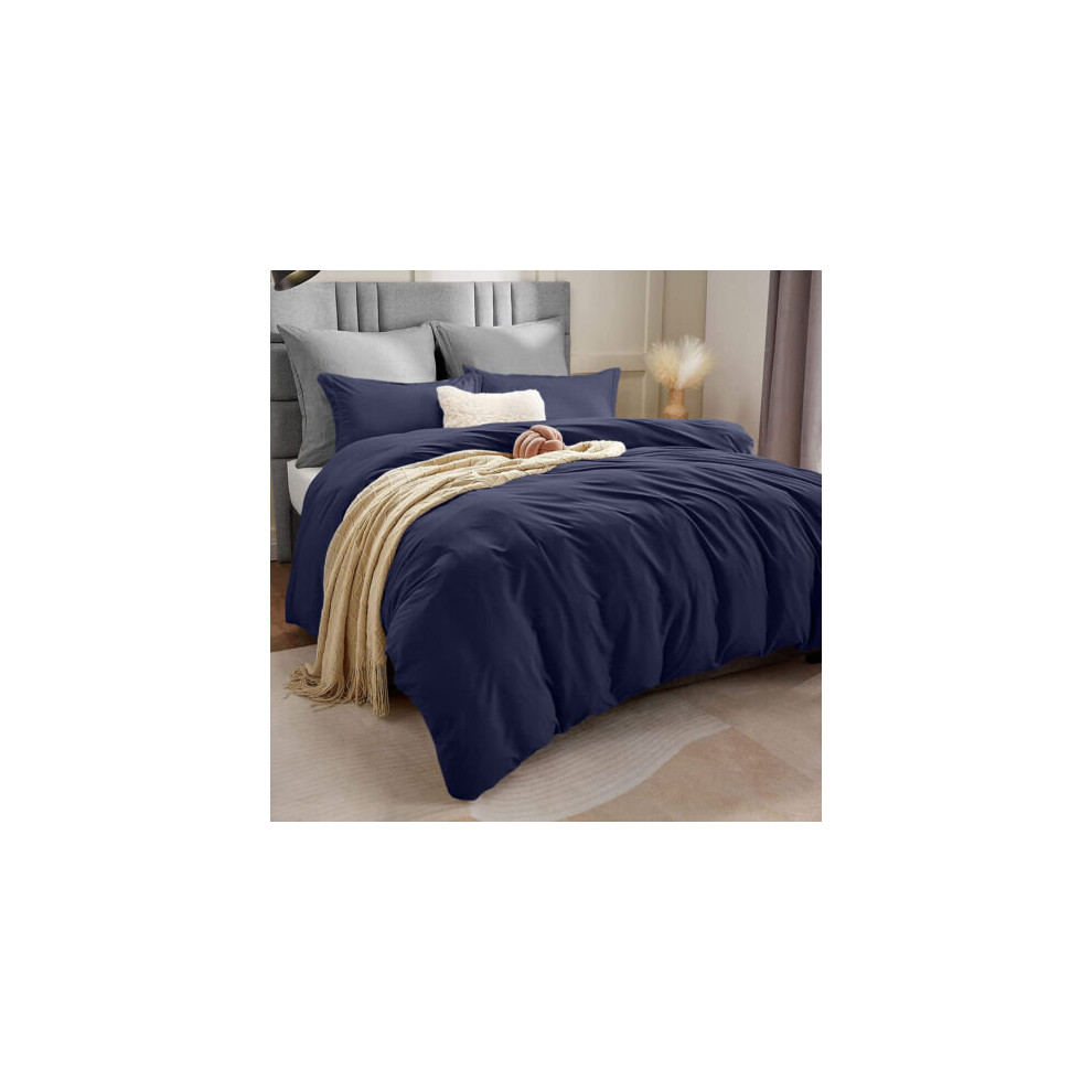 (DOUBLE, NAVY) Plain Dyed Duvet Covers 3PC Reversible Bedding Set