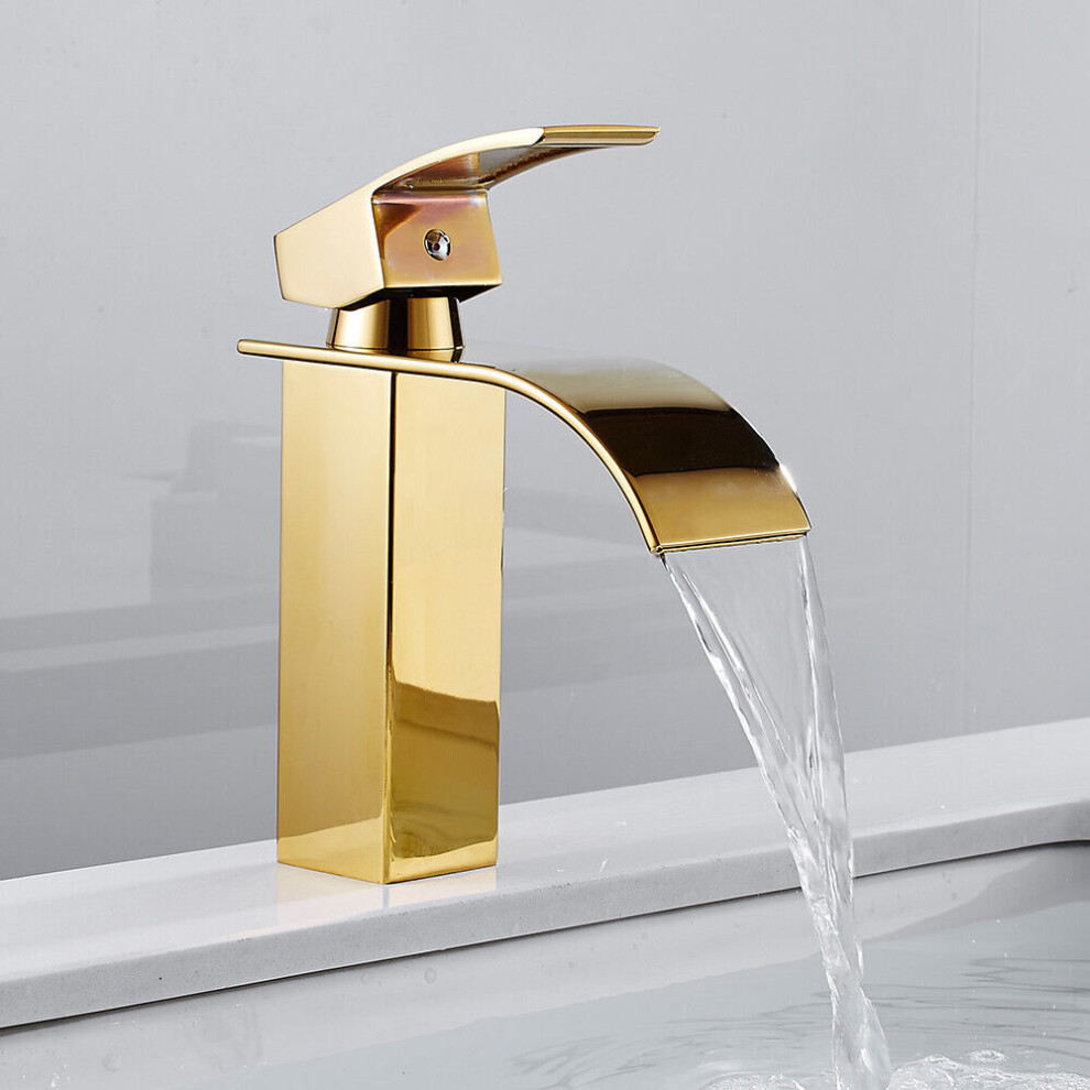 Waterfall Basin Mixer Taps Gold Bathroom Taps Single Lever Washbasin Taps Brass