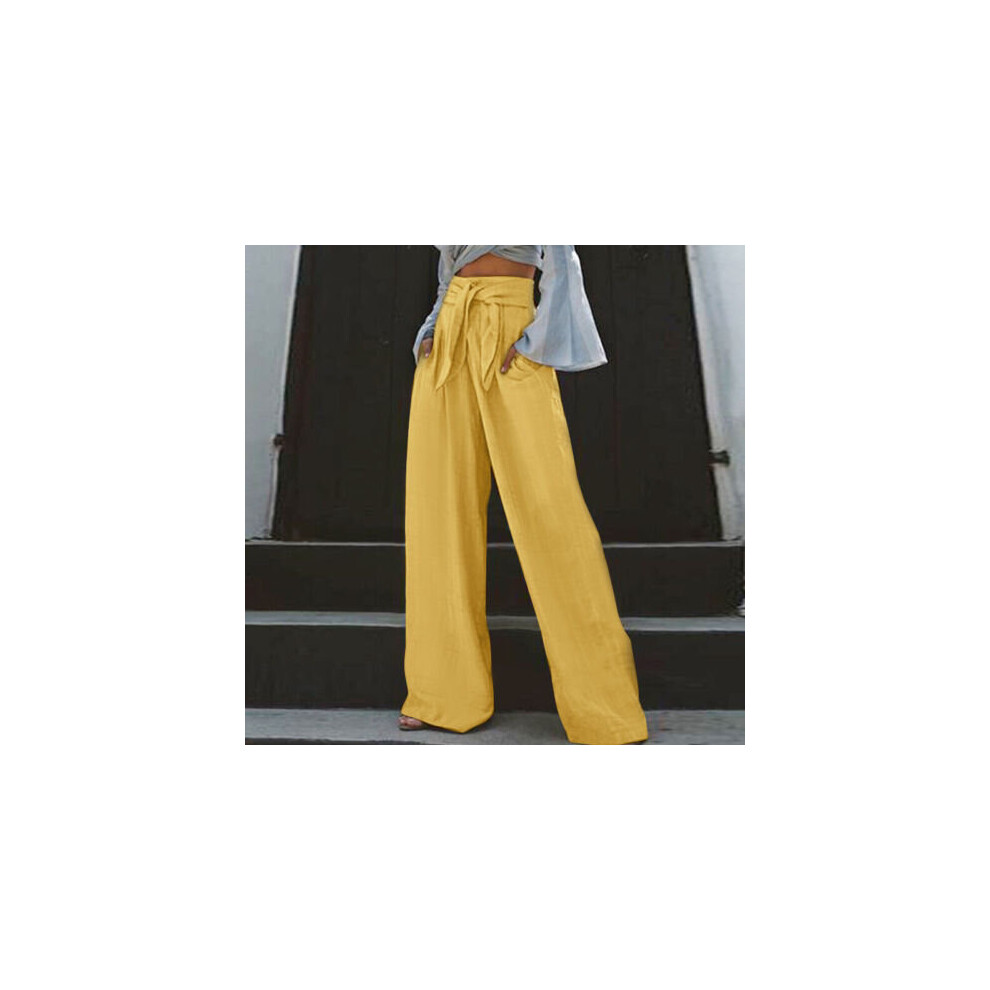 (Yellow, Tag Size XL=UK Size 12) Ladies Long Pants Wide Leg Palazzo Pant Women High Waist Daily Wear Loose Fit-image-OPC-PBGVTYK-NEW