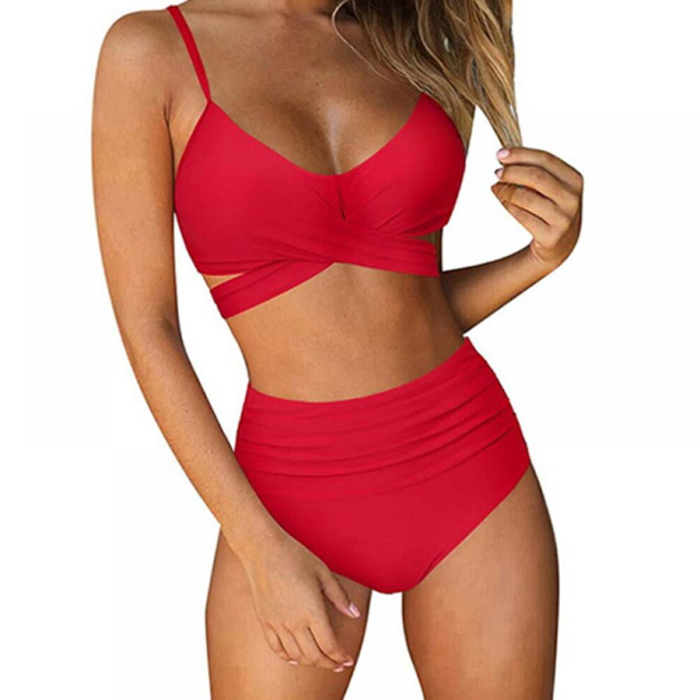 (S, Red) Swimsuits for Women Two Piece Bathing Suits Bra Top with High Waisted Bottom Wrap Bikini Set, Red M Size