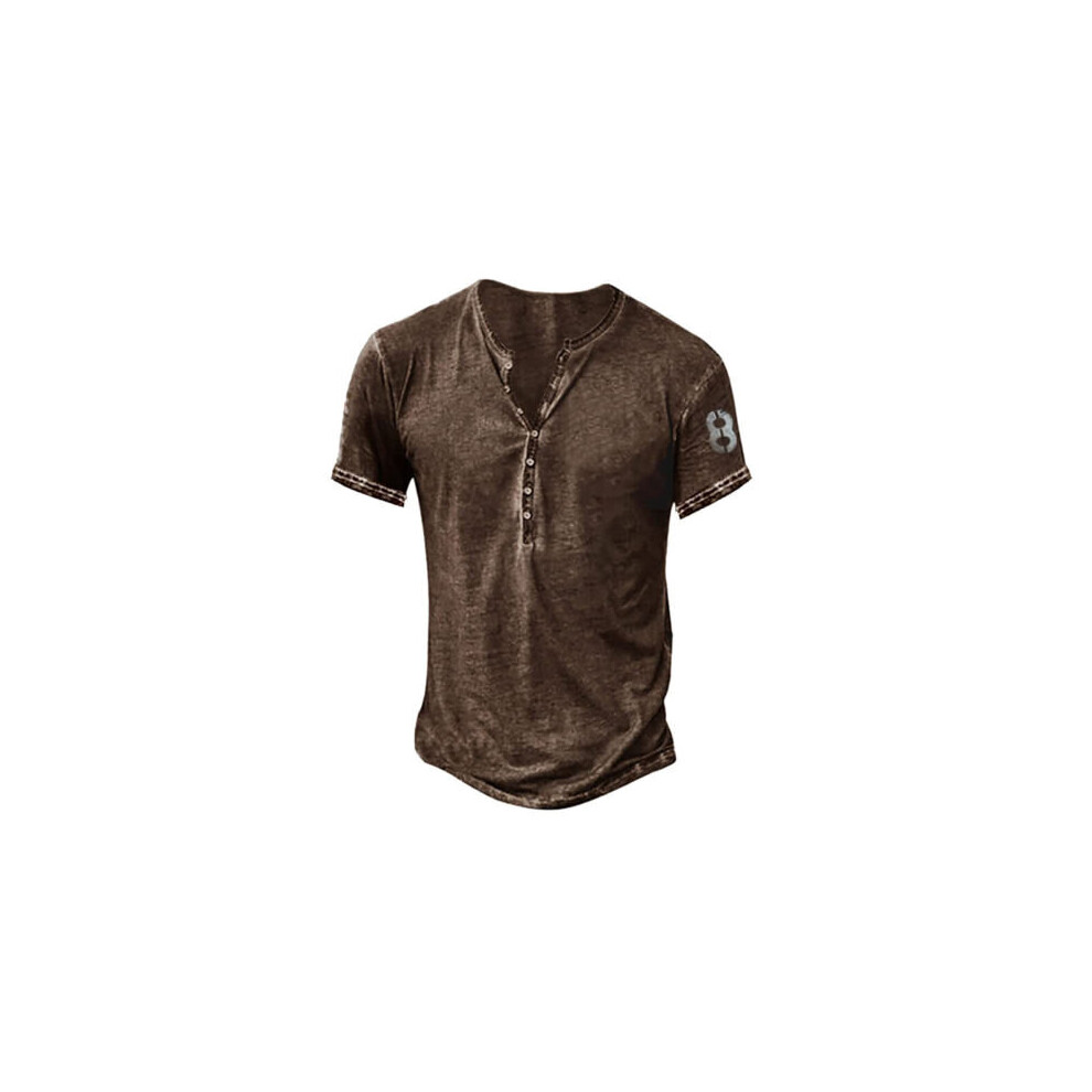 (Brown, S) Mens Vintage Henley Button V Neck Tops Casual Short Sleeve Pullover T Shirt UK