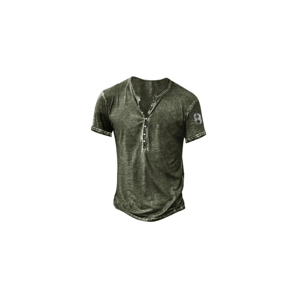 (Green, XL) Mens Vintage Henley Button V Neck Tops Casual Short Sleeve Pullover T Shirt UK