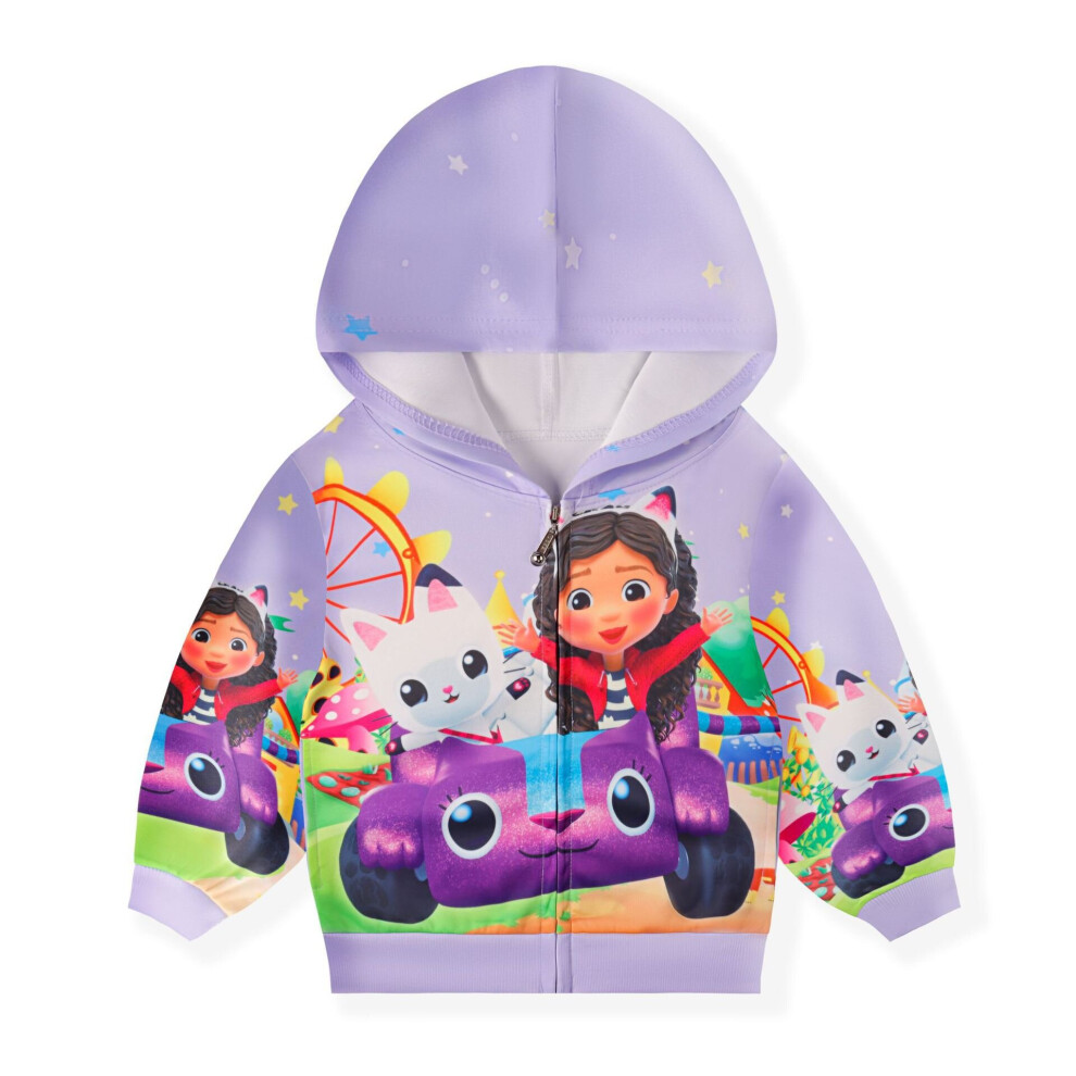 (Purple, 120(5-6Y)) Gabbys Dollhouse Sweatshirt Kids Girls Toddler Zip Winter Hoodie Top Coat  Gifts