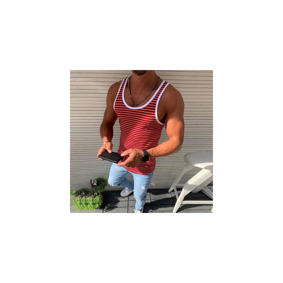 (Red, S) Plus Size Mens Summer Striped Tank Top Gym Running Muscle Sleeveless Vest Shirt
