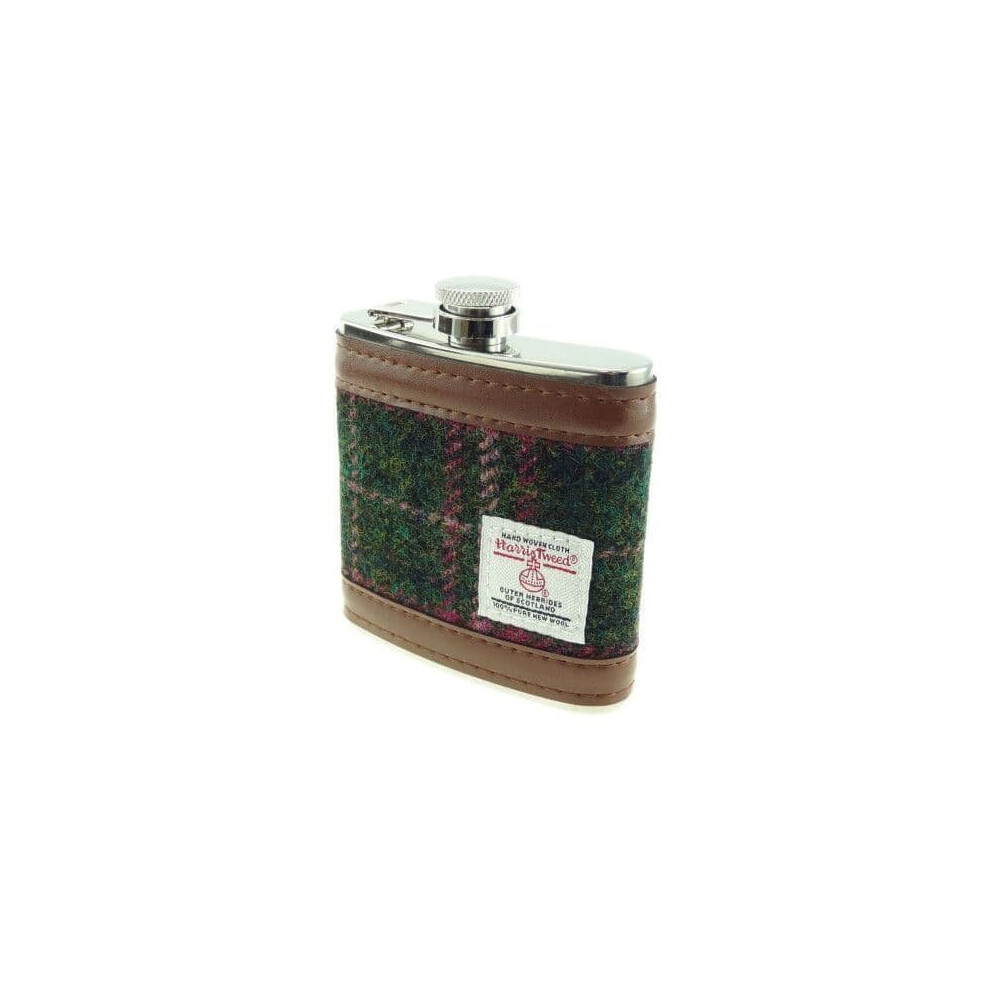 Authentic Harris tweed 6oz Hip Flask Dark Green and Pink Check