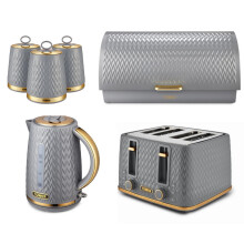 Tower Empire Grey Jug Kettle 4 Slice Toaster Bread Bin & Canisters Set