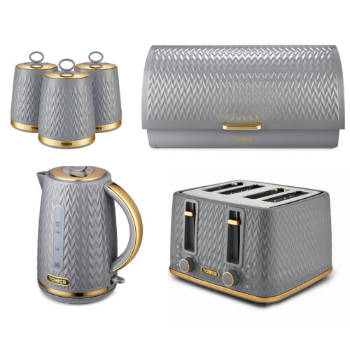 Tower Tower Empire Grey Jug Kettle 4 Slice Toaster Bread Bin & Canisters Set