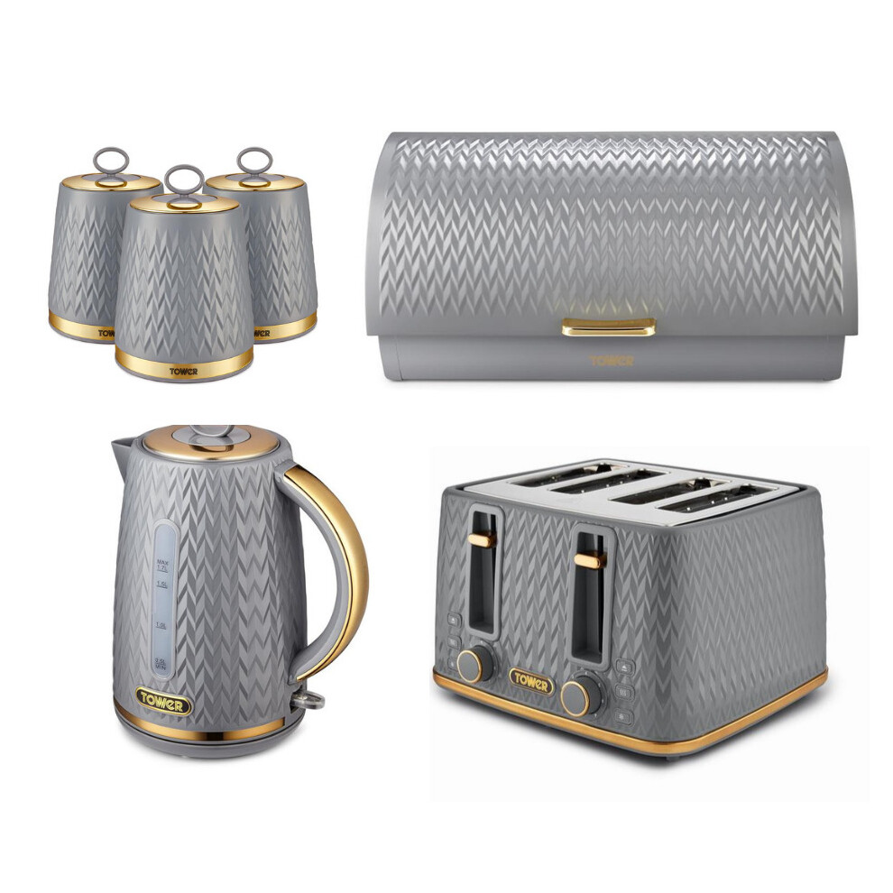 Tower Empire Grey Jug Kettle 4 Slice Toaster Bread Bin & Canisters Set-image-OPC-PBGYPBH-NEW