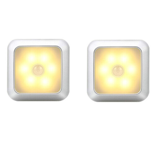 (Warm white, 2PCS) 6 LED Square Motion Sensor PIR Night Light Battery