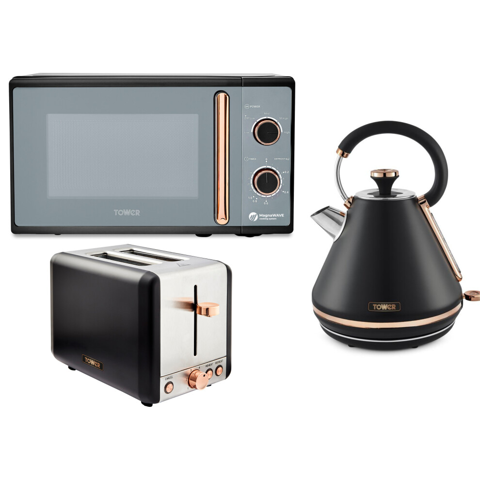 Tower Cavaletto Black/Rose Gold Pyramid Kettle 2 Slice Toaster & Microwave Set