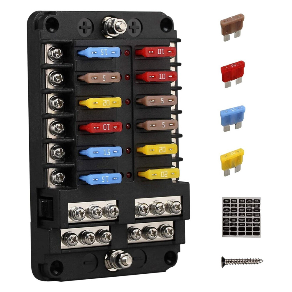 12V 12 Way Marine Fuse Block Fuse Panel With Ground & 12 Volt Fuse Box For Car Automotive Boat RV RZR