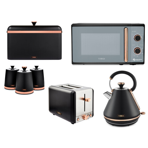 Tower Tower Cavaletto Black Kettle 2 Slice Toaster Microwave Bread Bin Canisters Set