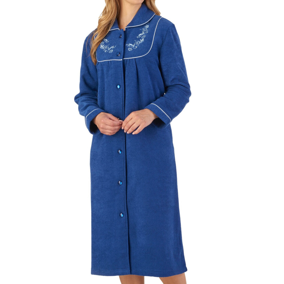 (Navy, Extra Large - UK 20/22) Slenderella Womens Button Up Boucle Fleece Embroidered Dressing Gown