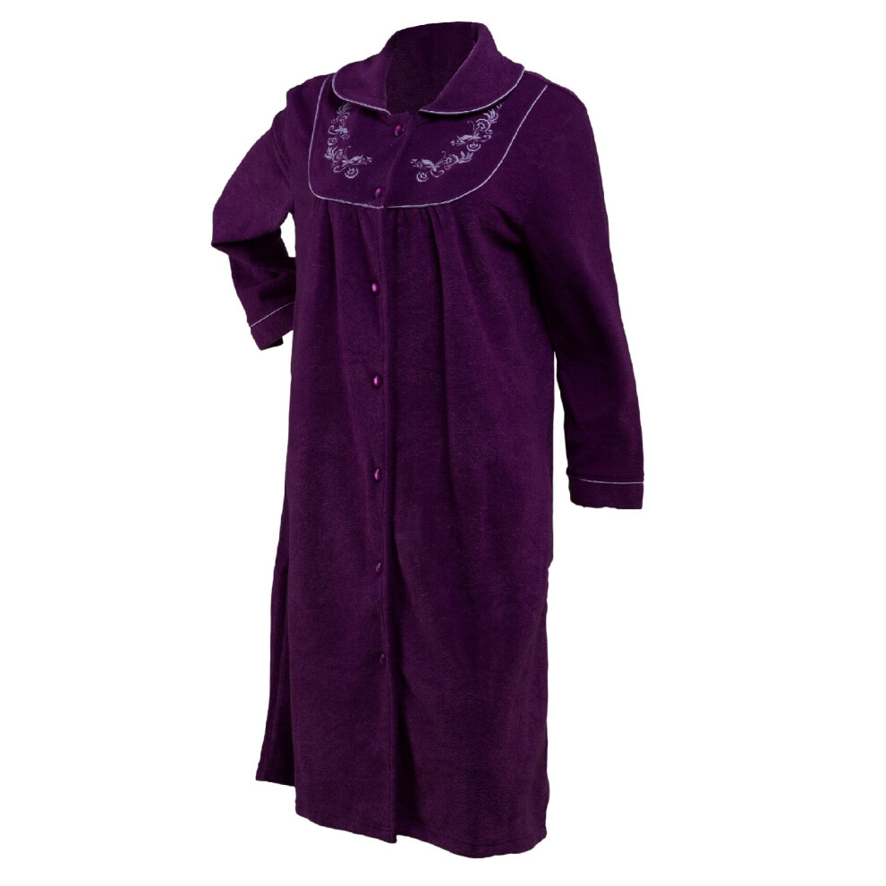 (Plum, Small - UK 10/12) Slenderella Womens Button Up Boucle Fleece Embroidered Dressing Gown