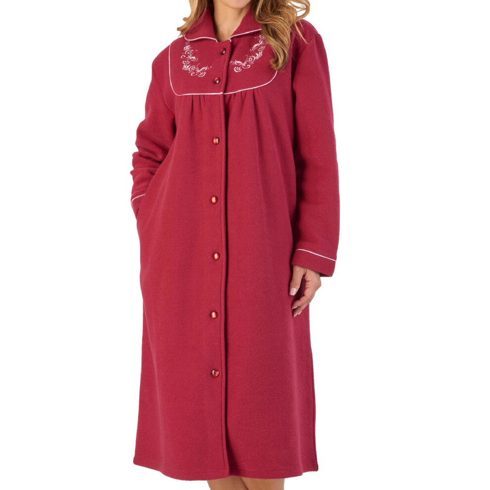 (Raspberry, Small - UK 10/12) Slenderella Womens Button Up Boucle Fleece Embroidered Dressing Gown