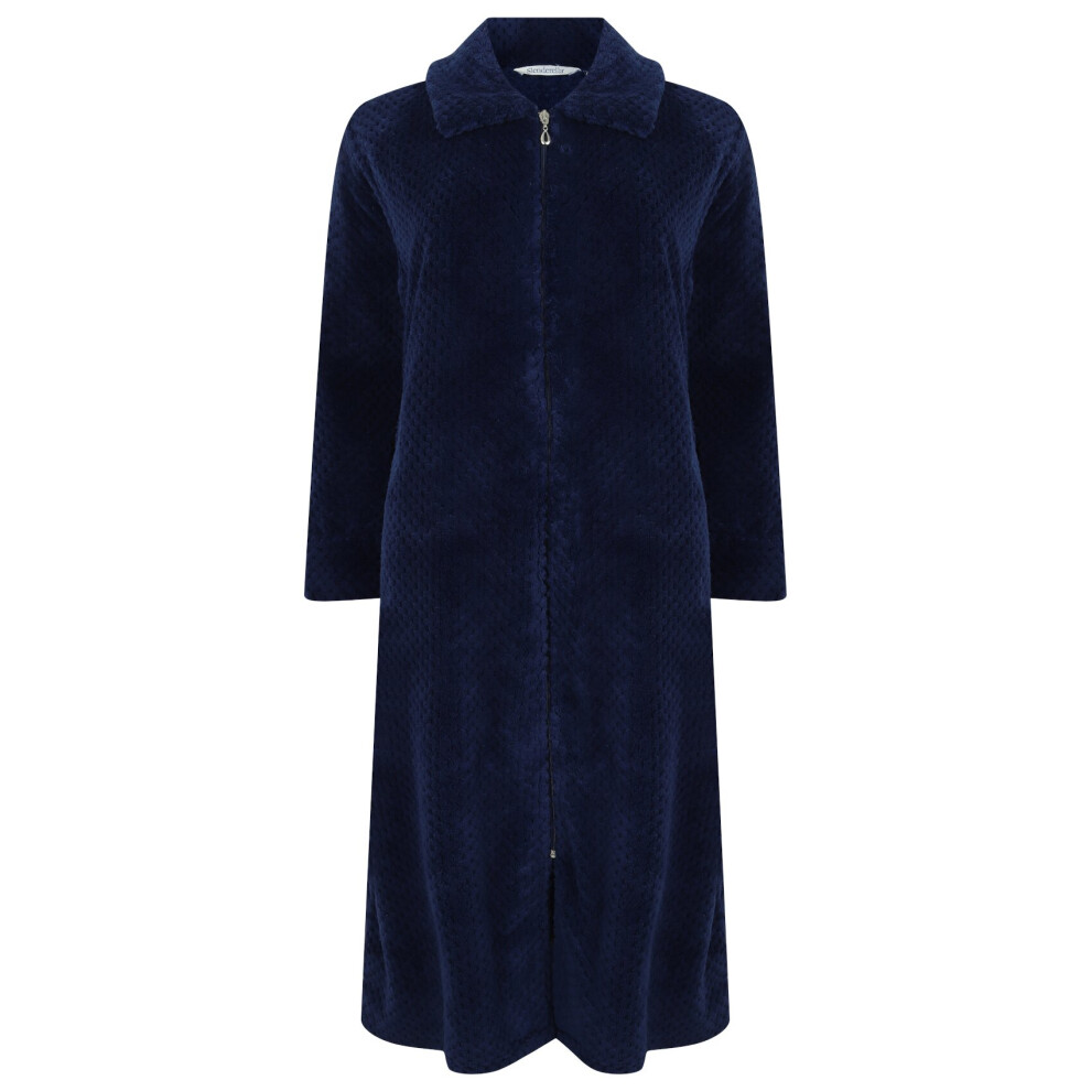 (Navy, Small - UK 10/12) Slenderella Ladies Zip Up Soft Waffle Fleece Dressing Gown