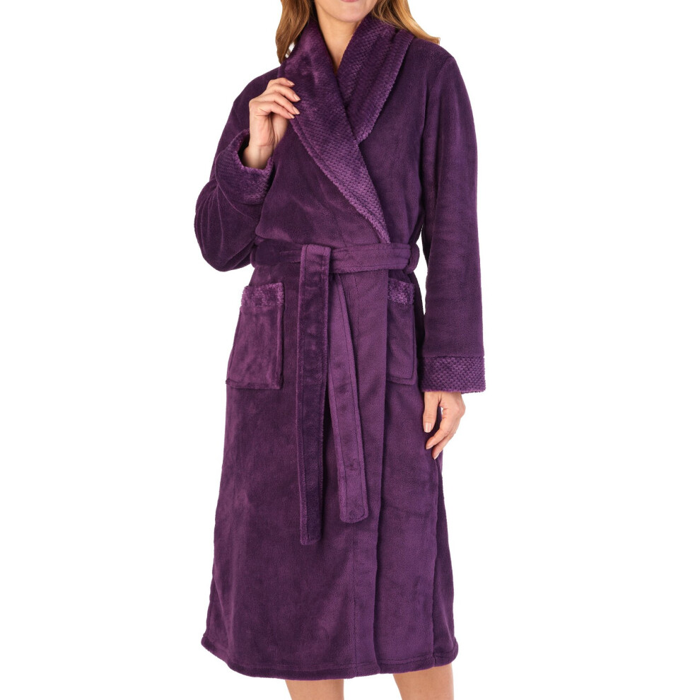 (Plum, Extra Large - UK 20/22) Slenderella Womens Shawl Collar Waffle Detail Fleece Dressing Gown