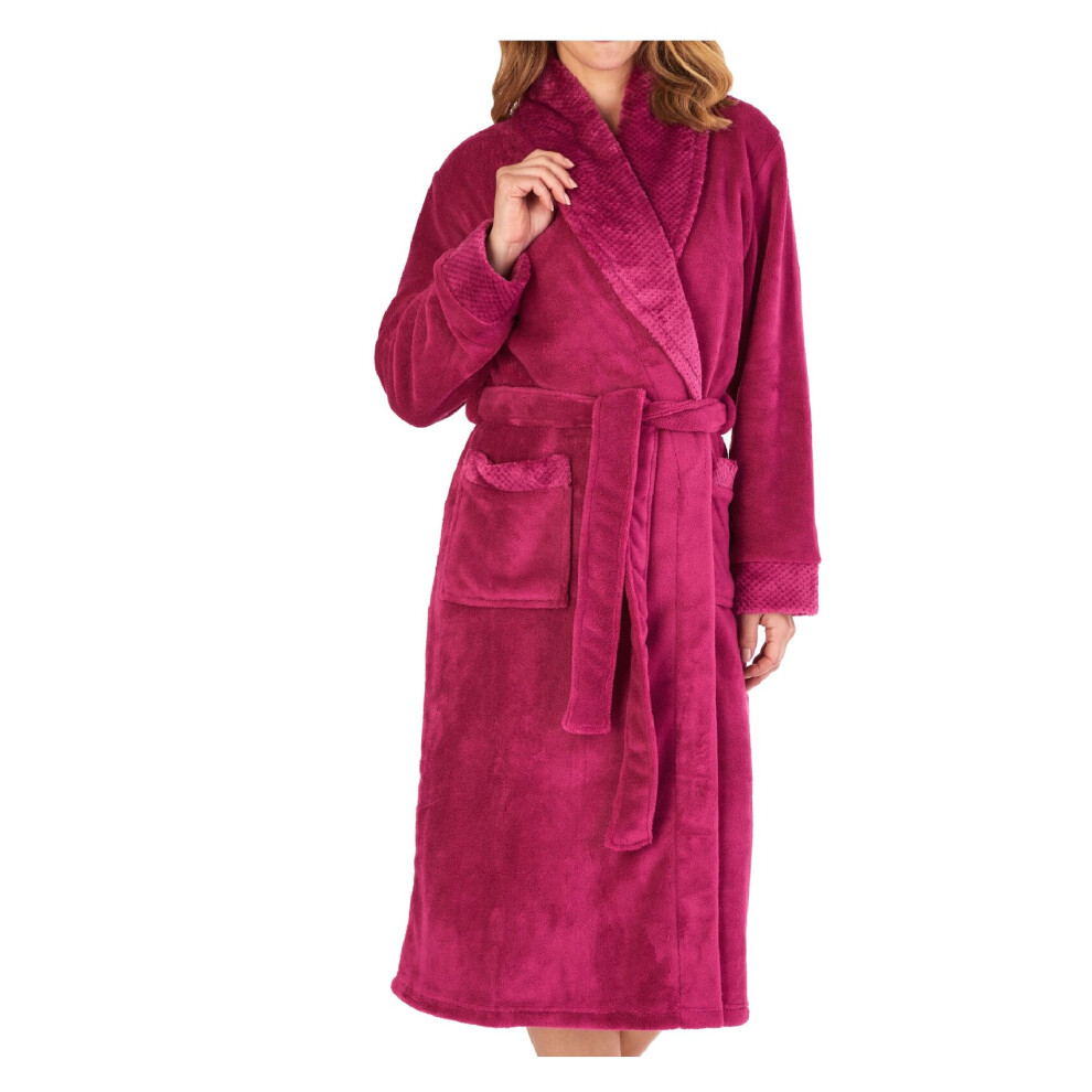 (Raspberry, Small - UK 10/12) Slenderella Womens Shawl Collar Waffle Detail Fleece Dressing Gown