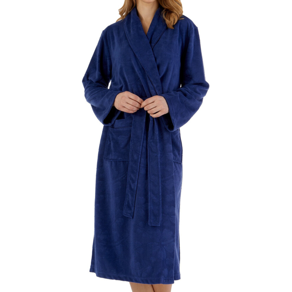 (Navy, Extra Large - UK 20/22) Slenderella Ladies Floral Embossed Fleece Shawl Collar Dressing Gown