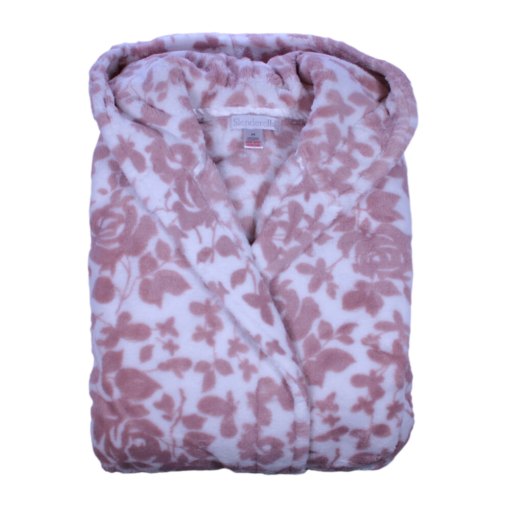 (Blush Pink, Medium - UK 12/14) Slenderella Ladies Super Soft Floral Fleece Hooded Bath Robe