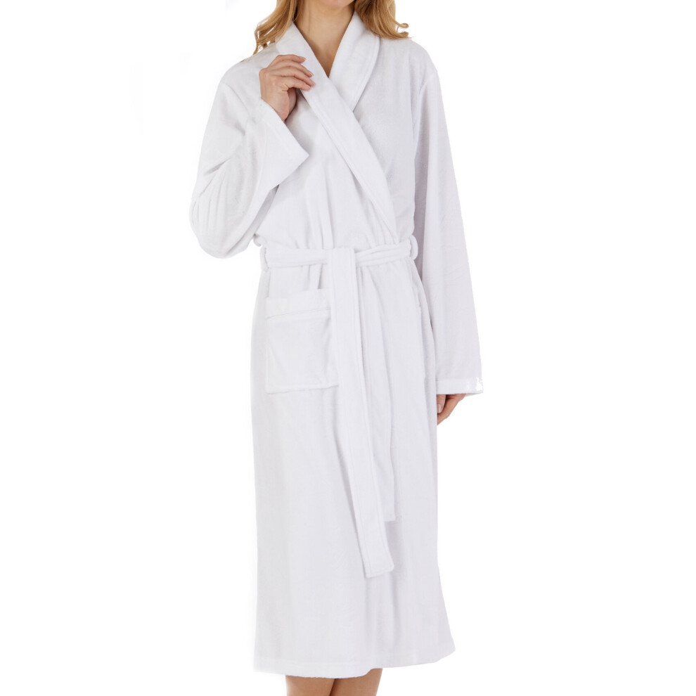 (White, Large - UK 16/18) Slenderella Ladies Floral Embossed Fleece Shawl Collar Dressing Gown