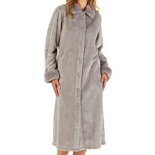 Slenderella (Grey, Extra Large - UK 20/22) Slenderella Ladies Button Up Faux Fur Collar Fleece Dressing Gown