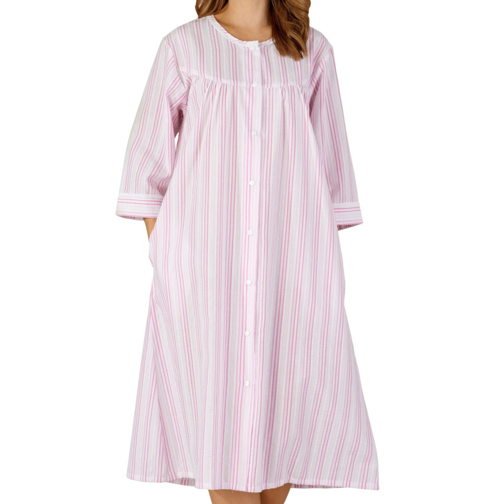 (Pink, UK 10/12) Slenderella Ladies Seersucker Stripe Easy Fasten Poppers Dressing Gown