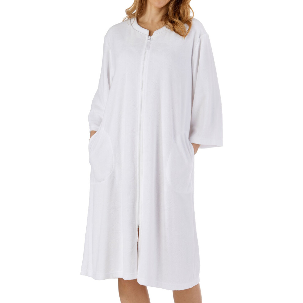 (White, Medium - UK 12/14) Slenderella Ladies Floral Embossed Zip Up Soft Fleece Dressing Gown