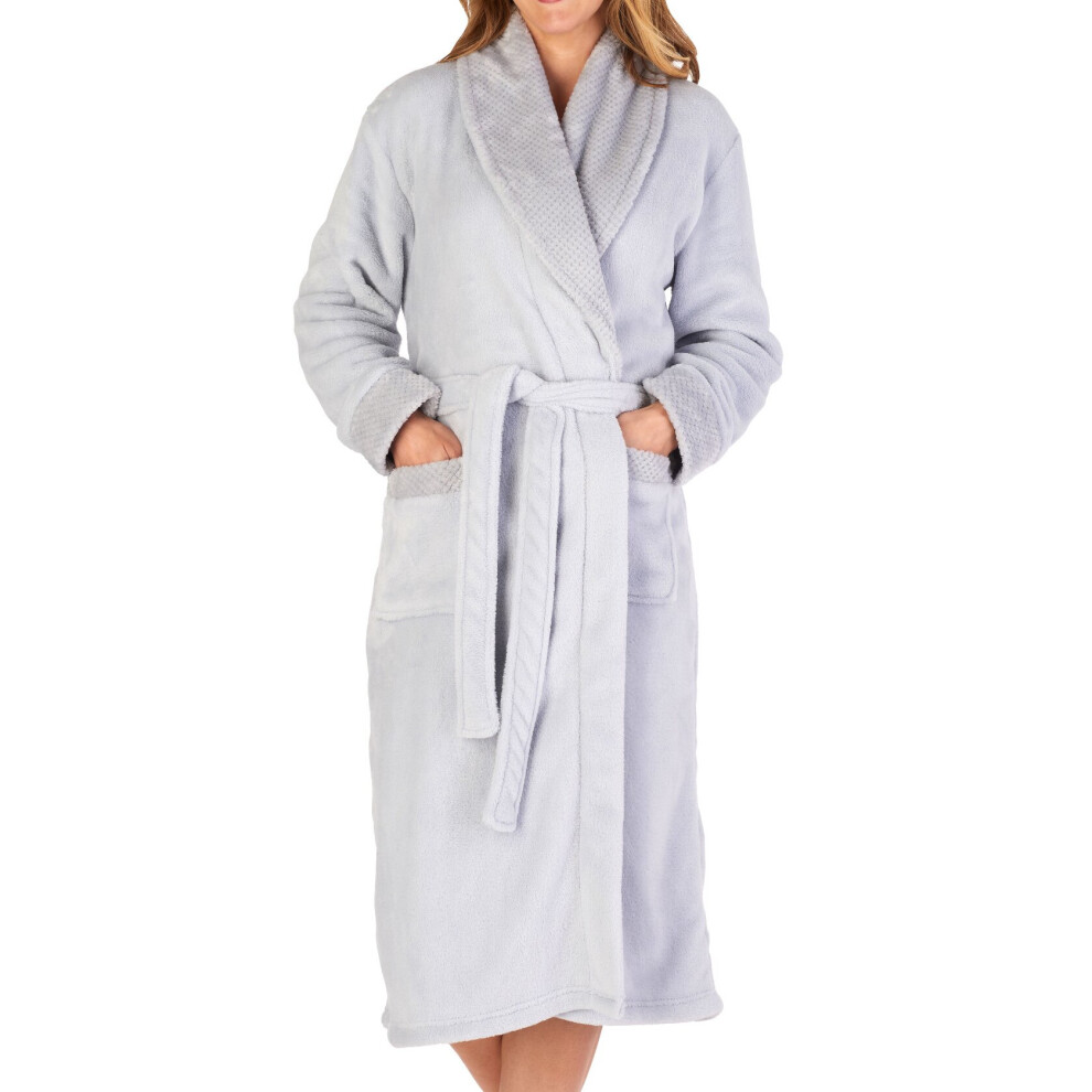 (Silver, XXL - UK 24/26) Slenderella Womens Shawl Collar Waffle Detail Fleece Dressing Gown