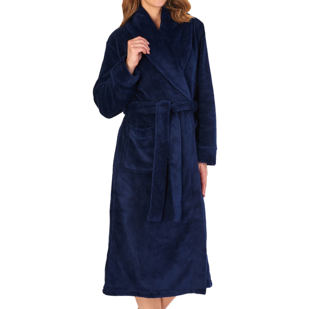 (Navy, Extra Large - UK 20/22) Slenderella Womens Shawl Collar Waffle Detail Fleece Dressing Gown