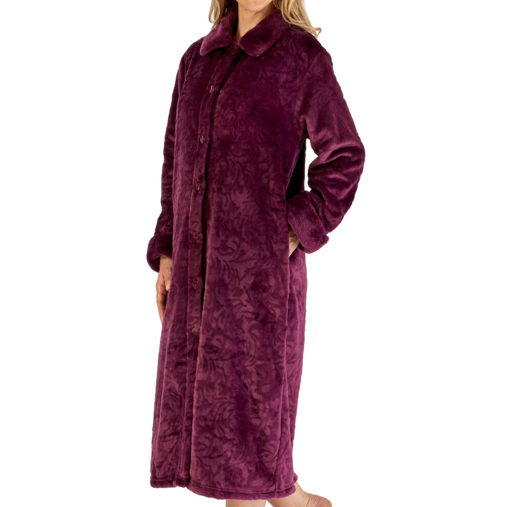 (Damson, Small - UK 10/12) Slenderella Ladies Button Up Faux Fur Collar Fleece Dressing Gown